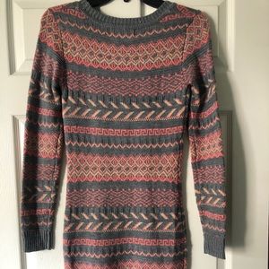 Gray and Coral Patterned Sweater Dress